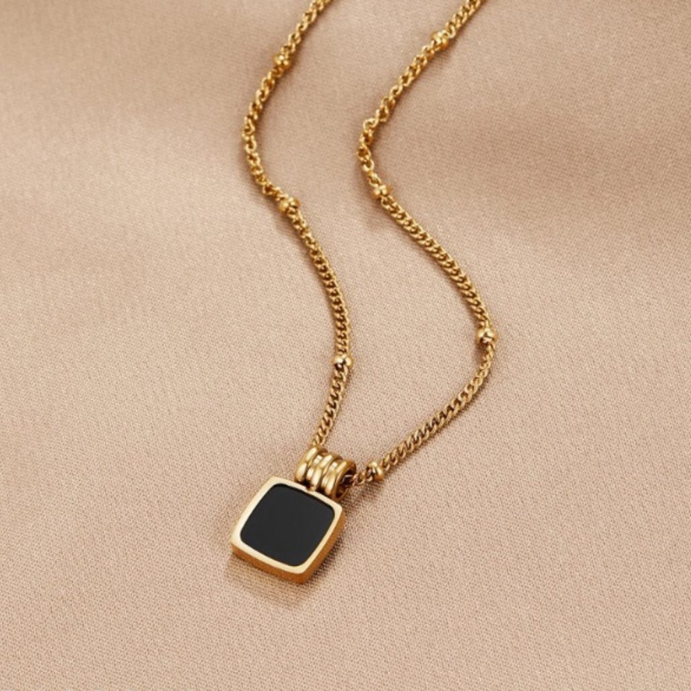 NWT Gold Necklace with Black Square Pendant
